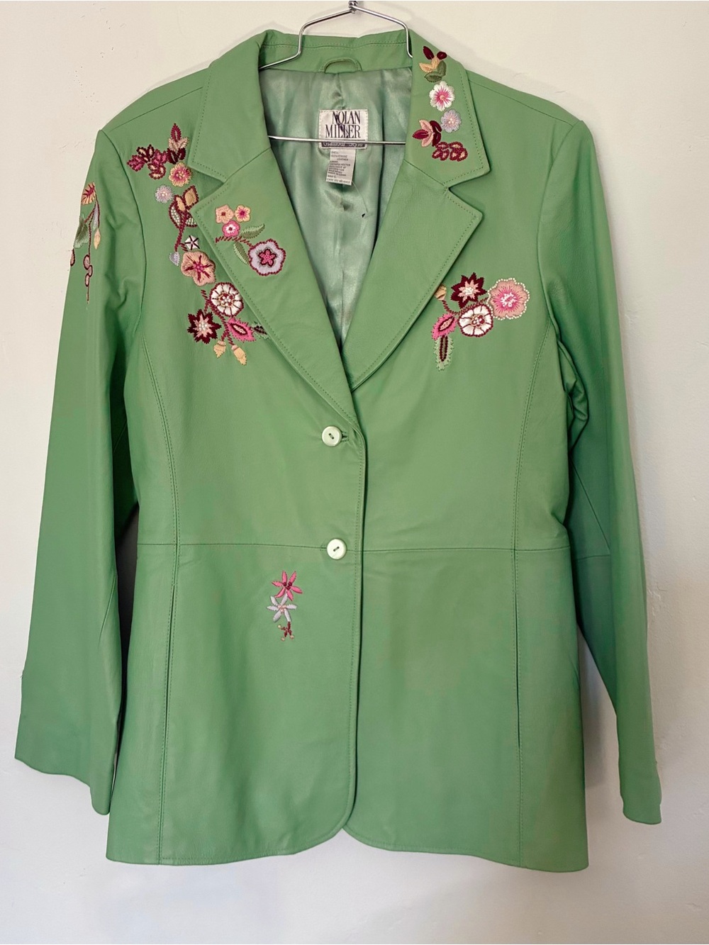 Vintage Green Embroidered Floral Leather Jacket sz L
